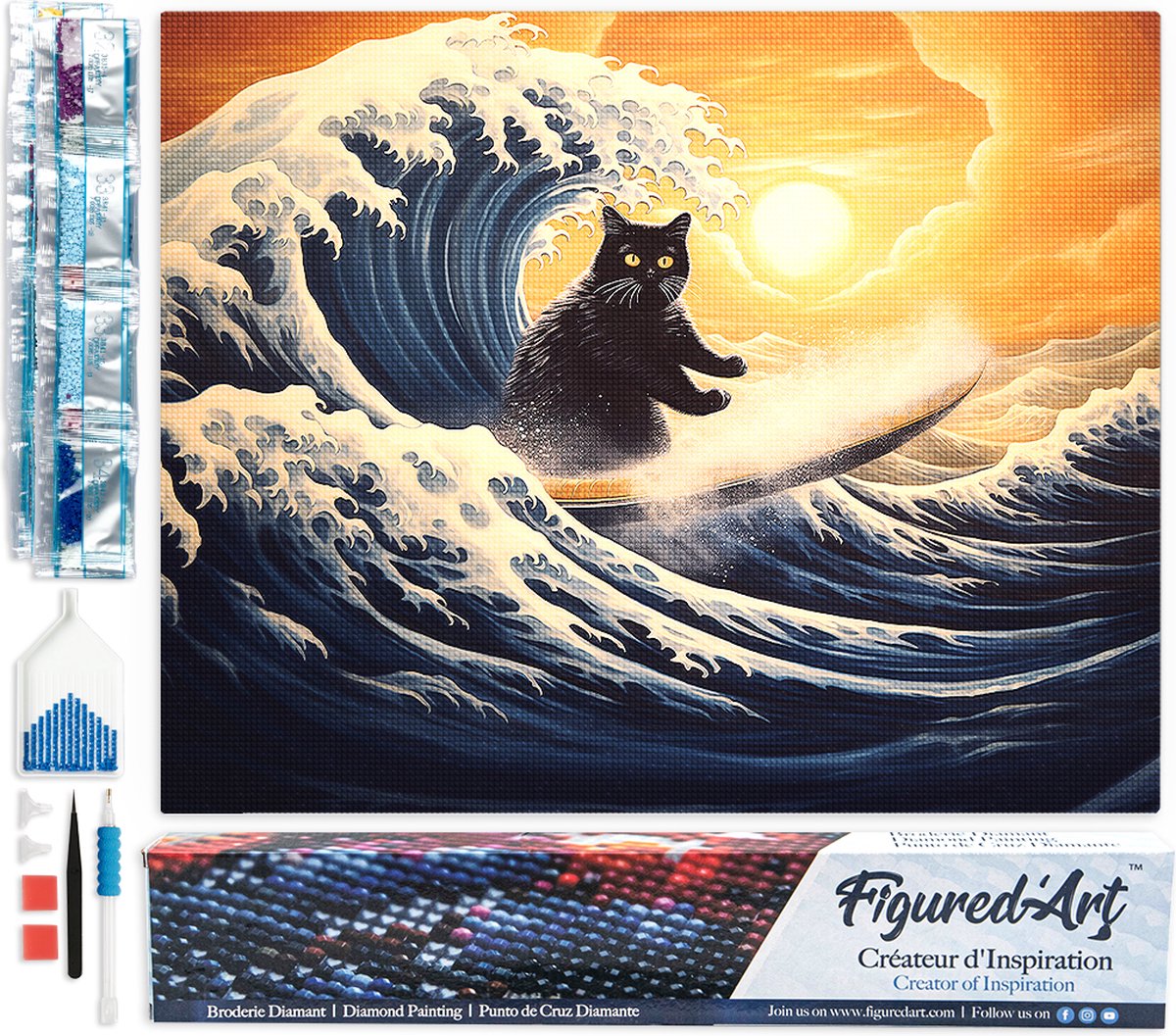 FiguredArt Diamond Painting set Volwassenen 40x50 cm De grote golf van de zwarte kat - 5D DIY Art full drill vierkante diamant - Opgerold canvas